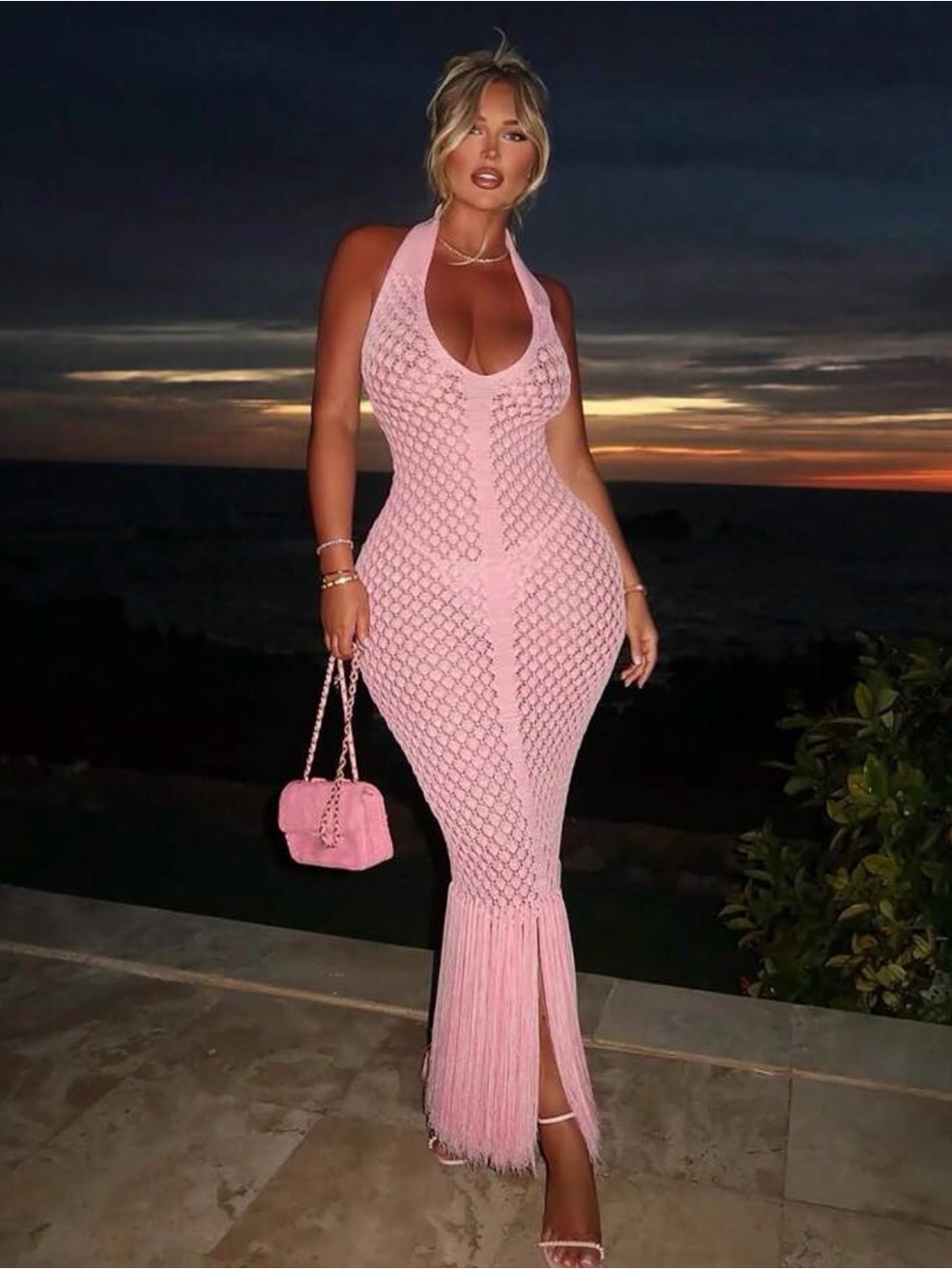 Pink Halter Crochet Maxi Dress with Fringe